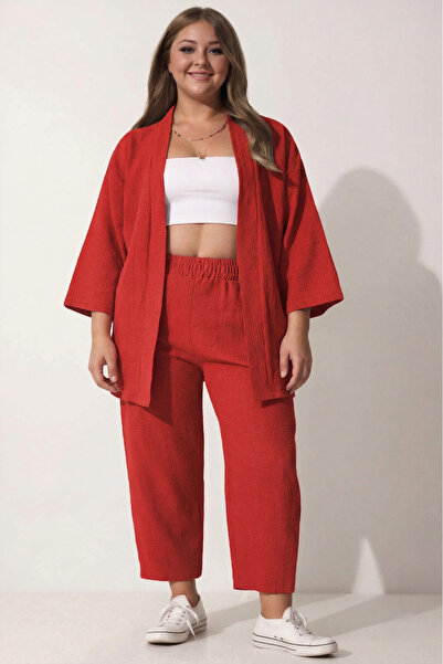 SUHIS Πλεκτό Σετ Παντελόνι Κόκκινο Κιμονό Plus Size