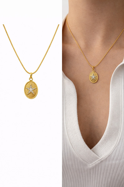 Arsaley Collection Taşlı Yıldız Plaka Charm Yılan Zincir 45 Cm Altın Kaplama ...