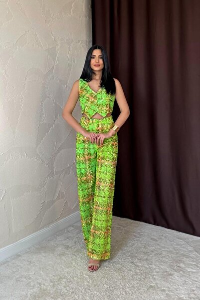 Kanonik Education Σετ πράσινο γιλέκο και παντελόνι με παγιέτες