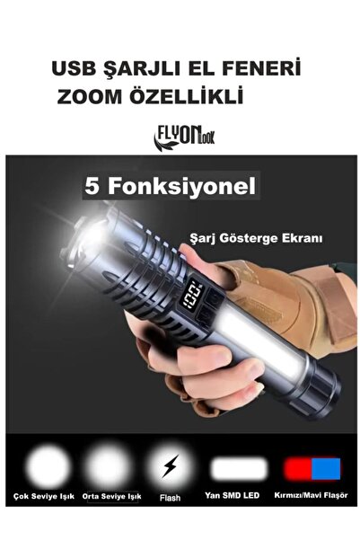 FLYONLOOK USB ŞARJLI EL FENERİ 5 FONKSİYONLU P50 LED -SMD LED ZOOMLU GÖSTERGE...