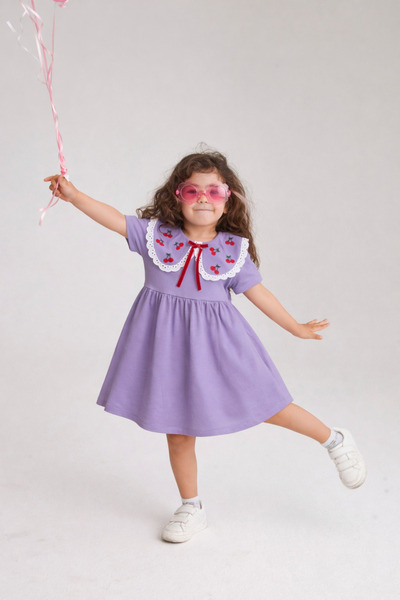 OZZY KİDS Κοριτσίστικο κοντομάνικο φόρεμα με κεντημένα κεράσια