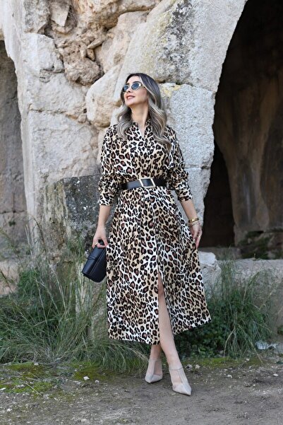 bytugcekaya Φόρεμα με ζώνη μπεζ λεοπάρ σχέδιο