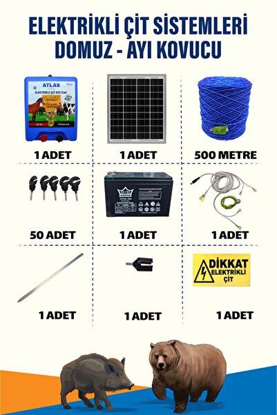 ATLAS ÜRÜNLERİ 500mt 1-5 Dönüm 12V Akü ve 25W Güneş Panelli Elektrikli Çit Si...