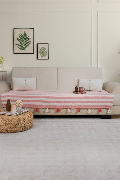 Lux Touch غطاء أريكة ليفا بومبون ميركان 115 × 200 سم، غطاء أريكة/كنبة/سرير قابل للطي/كرسي بذراعين، غطاء شال مزين بالشرّابات