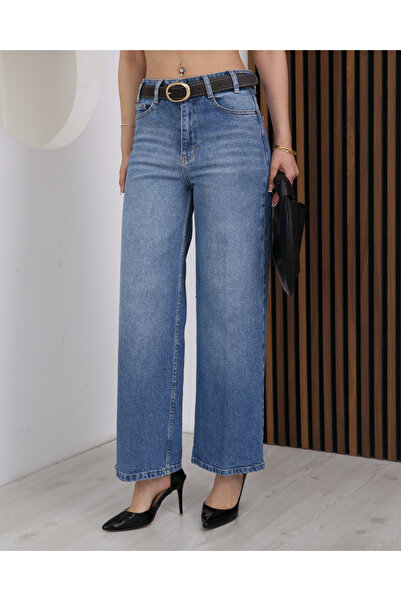 deqfashion Women's Blue High Waist Belted Boyfriend Wide Leg Jeans