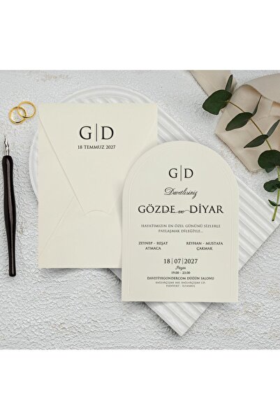 GNDR Krem Zarflı Dikey Düğün Davetiyesi - 1045