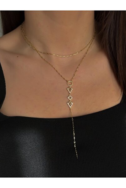 Luseda VIP Gold Geometrik Y Kadın Kolye 40+5 cm Ayarlanabilir Premium Zincir