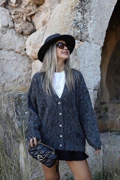 bytugcekaya Ανθρακίτης Τυπικό Μέγεθος Ζακέτα με λαιμόκοψη σε σχήμα V μακριά ε...