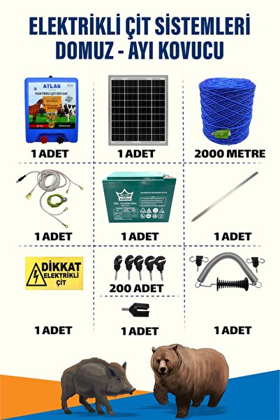 ATLAS ÜRÜNLERİ 2000mt 25-100 Dönüm Domuz Kovucu Elektrikli Çit Sistemi Kapı Y...