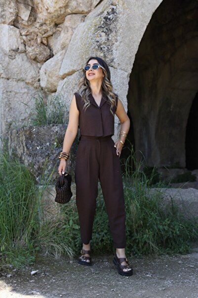 bytugcekaya Σετ λινό καρότο με πικρό καφέ γιλέκο