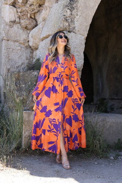 bytugcekaya Orange distressed detail belted dress