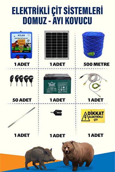 ATLAS ÜRÜNLERİ 500mt 1-5 Dönüm Ayı Kovucu Elektrikli Çit Sistemi Kapı Yaylı 1...