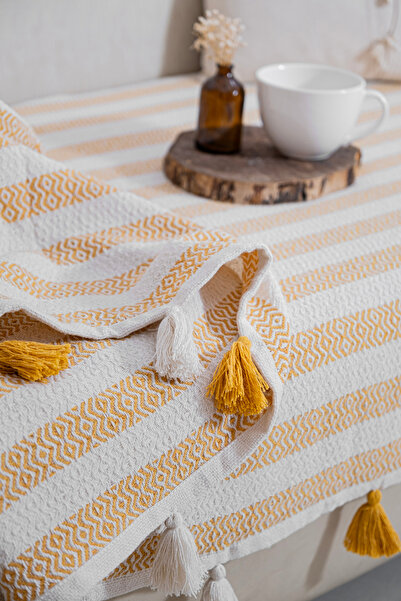 Lux Touch Liva Pompom Yellow 115 x 200 cm Κάλυμμα ημέρας καναπέ - Φούντα σάλι