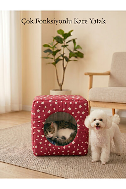 Patiderm Üç Fonksiyonlu Kedi Köpek Kapalı Kare Sünger Yatak - Kırmızı