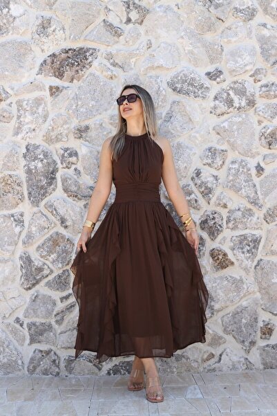 bytugcekaya Καφέ φόρεμα σιφόν με βολάν και κορδόνι μπροστά