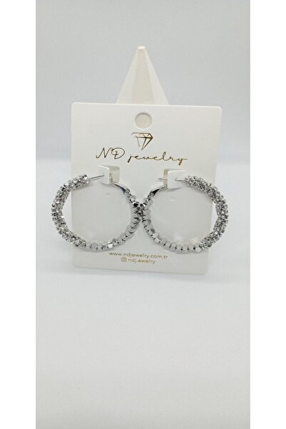 ndjewelry Silver Color Stone and Plate Bead Detailed Hoop Earrings