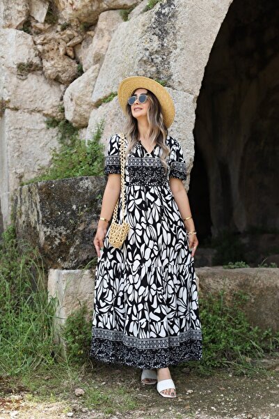 bytugcekaya Μαύρο-λευκό φόρεμα με λεπτομέρεια με φούντα με μανίκια καρπούζι