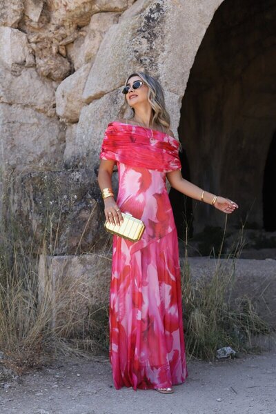 bytugcekaya Φούξια φόρεμα από τούλι με μοτίβο γιακά Madonna