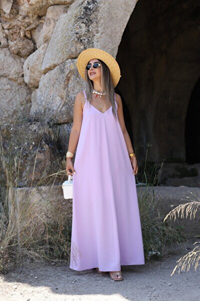 bytugcekaya Λιλά Φόρεμα με λουράκια, V-λαιμόκοψη και σατέν ελαστική πλάτη