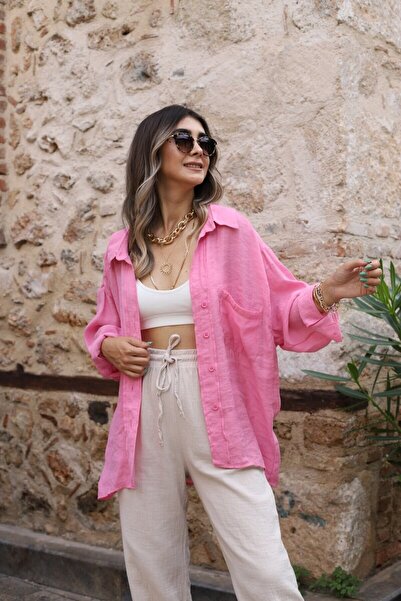 bytugcekaya Πουκάμισο ροζ βισκόζης στάνταρ μεγέθους