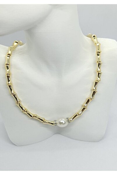 ndjewelry قلادة ذهبية بسلسلة من الخيزران مزينة باللؤلؤ (40+5 سم)