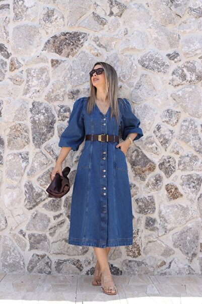 bytugcekaya Μπλε τζιν φόρεμα με μανίκια μπαλόνι και λαιμόκοψη V