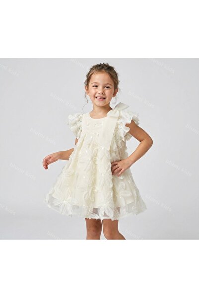blumi kids Fiyonklu Prenses Elbise – 3D Çiçekli Kız Çocuk Elbise Pamuk Astarlı