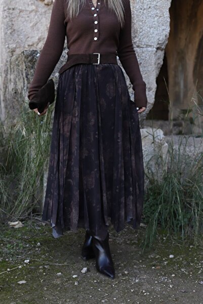 bytugcekaya Καφέ φούστα σιφόν με ελαστική μέση