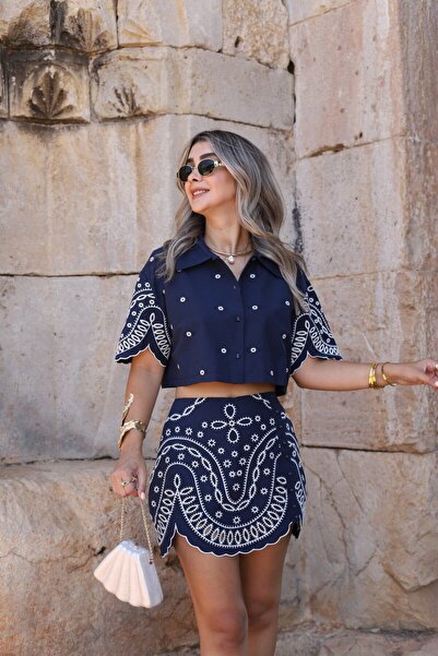 bytugcekaya Σετ φούστα με κεντημένο πουκάμισο Navy Blue Mini Flower