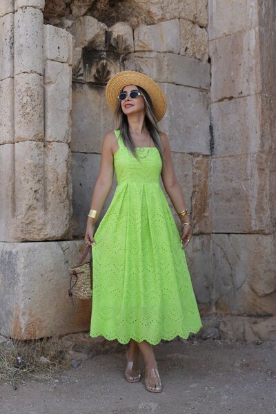 bytugcekaya Ανοιχτό πράσινο λουράκι πλισέ φόρεμα Fisto Midi