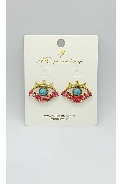 ndjewelry أقراط ذهبية بتفاصيل خرز أحمر على شكل عين الشر