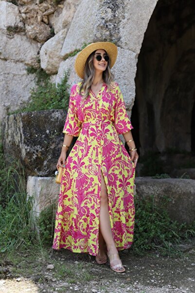 bytugcekaya Φούξια κίτρινο μακρύ φόρεμα με λουλούδια