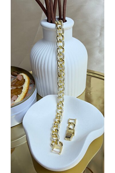 ANKA JEWELLRY HALKA MODEL KALIN ZİNCİR ZİRKON TAŞLI KLİPSLİ GOLD BİLEKLİK