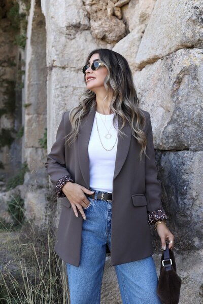 bytugcekaya Μπλέιζερ γιακά με σάλι με επένδυση καφέ λεοπάρ