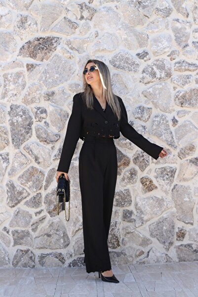bytugcekaya Μαύρο Σετ Σακάκι και Παντελόνι με Λεπτομέρειες Κεντήματος