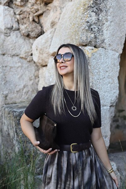 bytugcekaya Bitter Brown Standard Size Soft Textured Short Sleeve Sweater