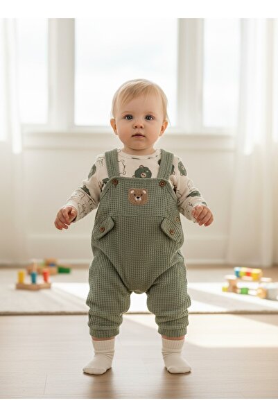 moukou Baby Boy Cotton Teddy Bear Salopet and Badi Set with Socks as a Gift