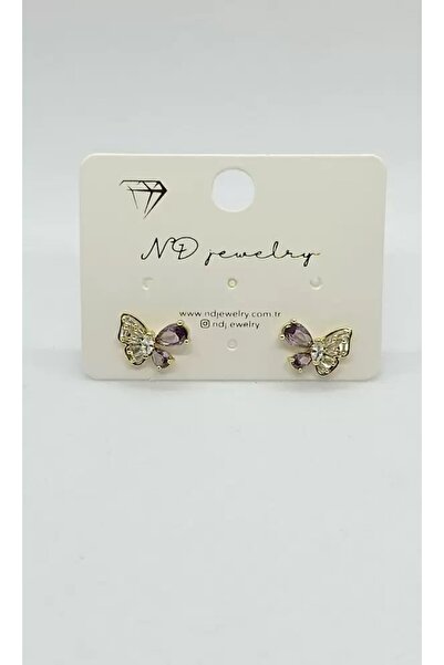 ndjewelry أقراط صغيرة ذهبية على شكل فراشة باللون الأرجواني مرصّع بالأحجار