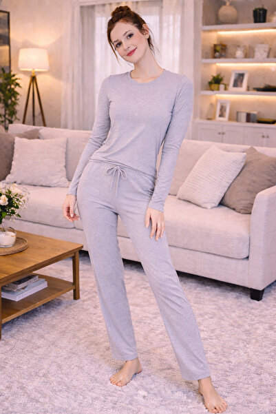MyBen Γυναικείο βαμβακερό γκρι σετ πιτζάμες - άνετη εφαρμογή - μακρυμάνικο