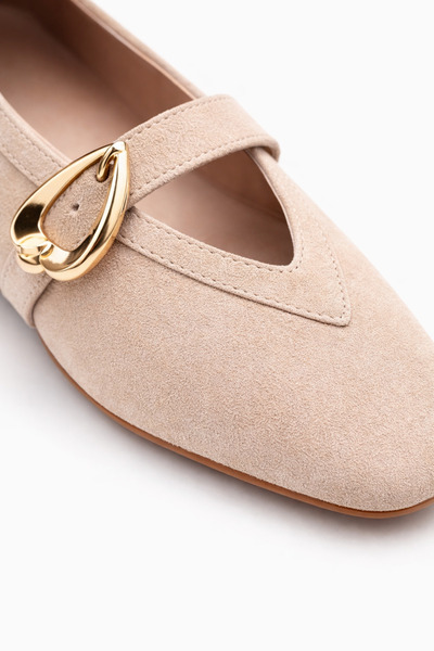 Noliva Women's Beige Suede Heart Buckled Ballet Flats Casual Stylish Mary Janes Ballet Flats