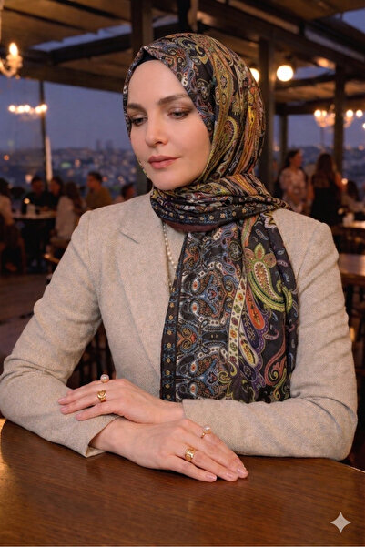 Nazellaa بنقشة إثنية شال ناعم متعدد الألوان باللون البني حواف أسطوانية