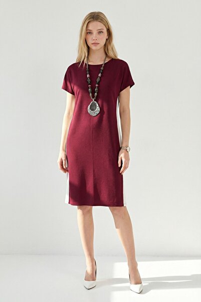 bacc Φόρεμα από ύφασμα Modal σε μπορντό χρώμα με λευκές λωρίδες στα πλαϊνά