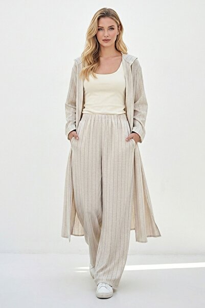 bacc Alaçatı Λινό Μαύρο Ριγέ Μακρύ Σετ με Κουκούλα