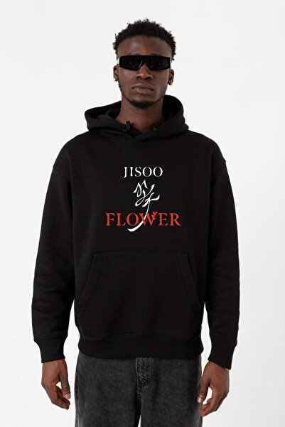 Tshirthane Ανδρικό φούτερ με κουκούλα Jisoo Flower Black 3ip