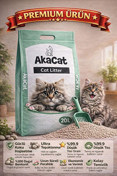 AKACAT 20 Lt Beyaz Bentonit Doğal %100 Topaklaşan Ince Taneli Kedi Kumu