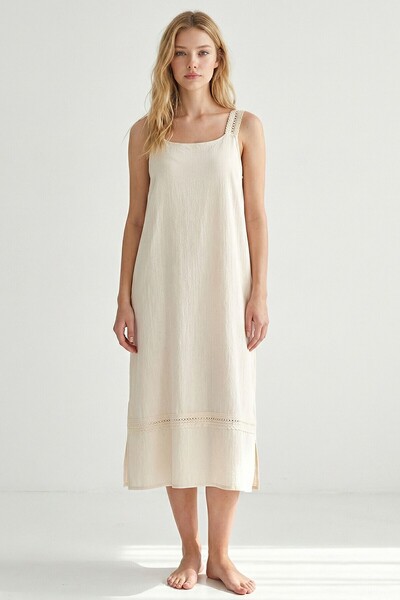 bacc Αλατσάτι Λινό Φόρεμα με Τιράντες και Δαντέλα