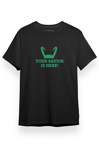 Tshirthane Loki Your Savior Is Here Siyah Kısa kol Erkek Tshirt