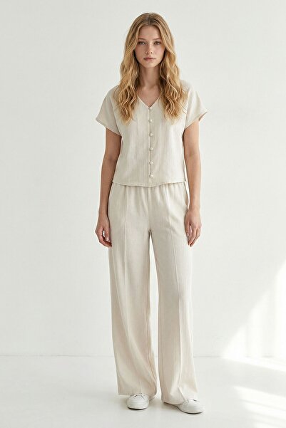 bacc Σετ με μισό μανίκι από λινό Alaçatı με κουμπιά από χάντρες