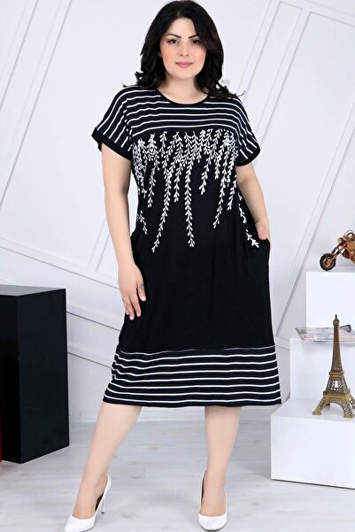 Kheos Ριγέ μαύρο φόρεμα με φλοράλ συνδυασμό