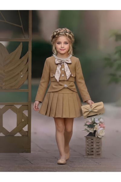 nora dress mini luxe Kız Çocuk Bayramlık Ceket Etek Takım Fularlı Çanta Dahil...